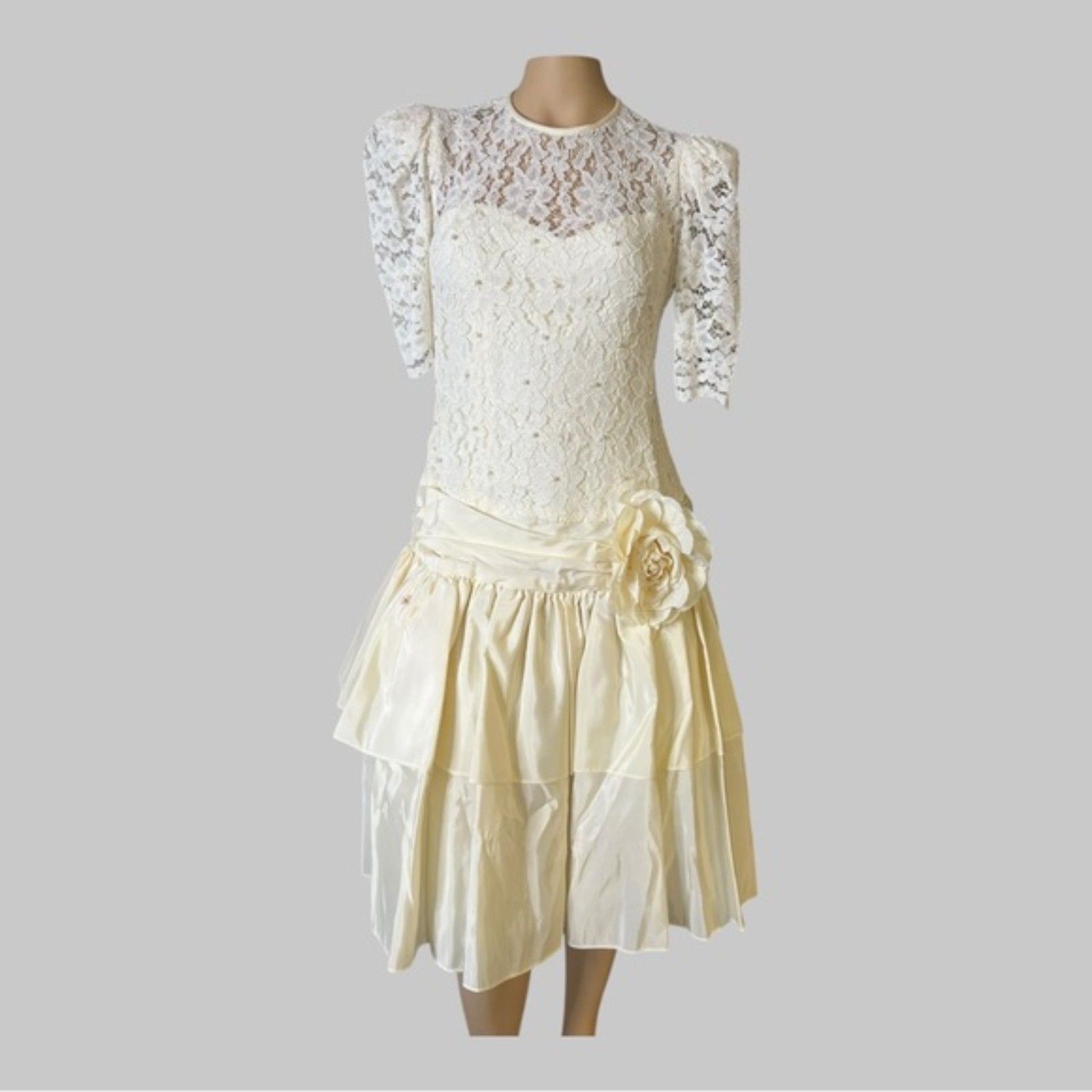 Nancy Bracoloni For Bracoloni Ivory Lace & Taffeta Dress Size 6